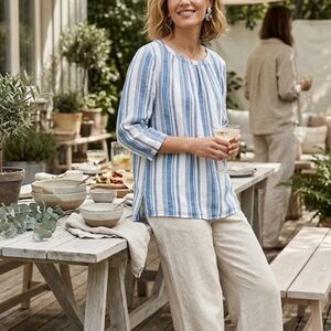 Boden 100% Linen Striped 3/4 Sleeve Tunic Blouse Sz 14 Button Back Nautical Boho